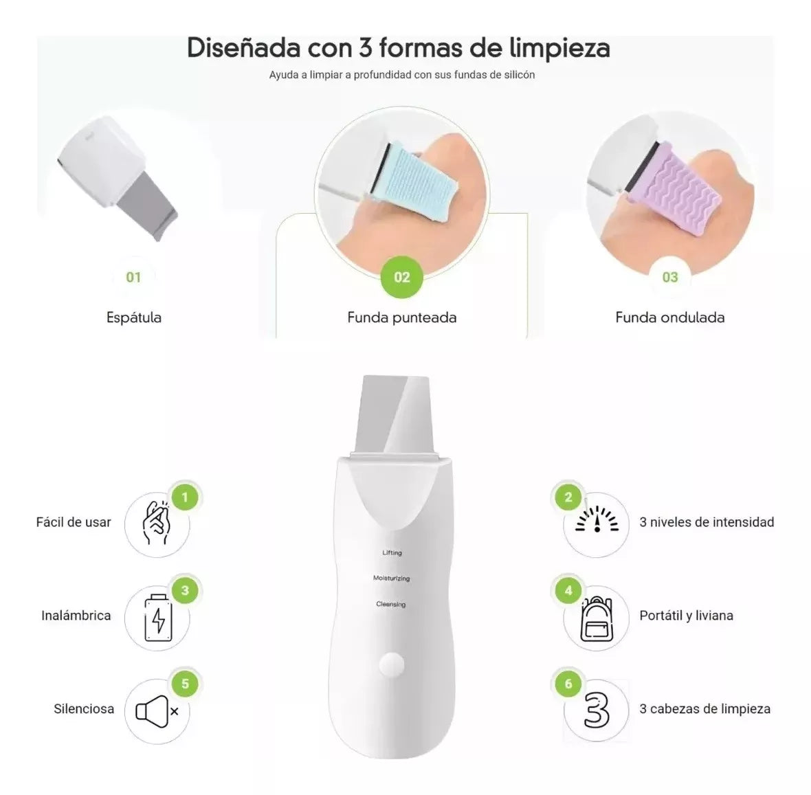 Espátula Facial Ultrasónica para Limpieza Profunda y Peeling Facial